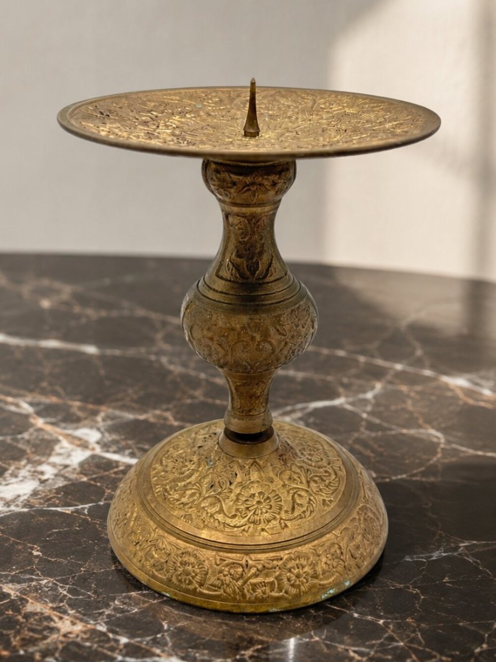 Vintage Ornate Brass Candle Holder Floral Engraved Pedestal Candlestick 5.5"